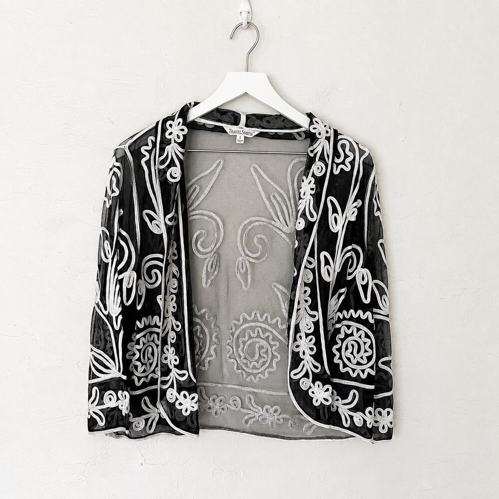 TravelSmith Black White Embroidered Sheer Mesh Open Front Bolero Jacket Size L